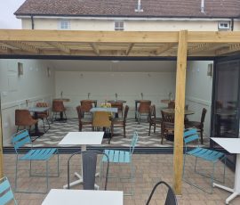 Outdoor seating area with tables